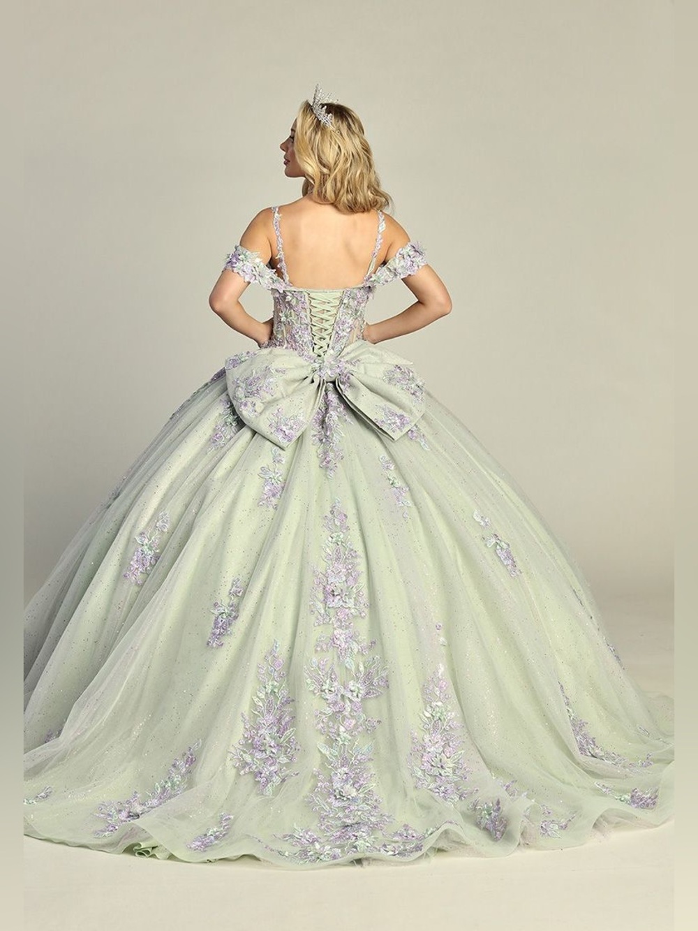 Quinceañera Pastel Mint Green Ball Gown with Lilac Floral Appliqués